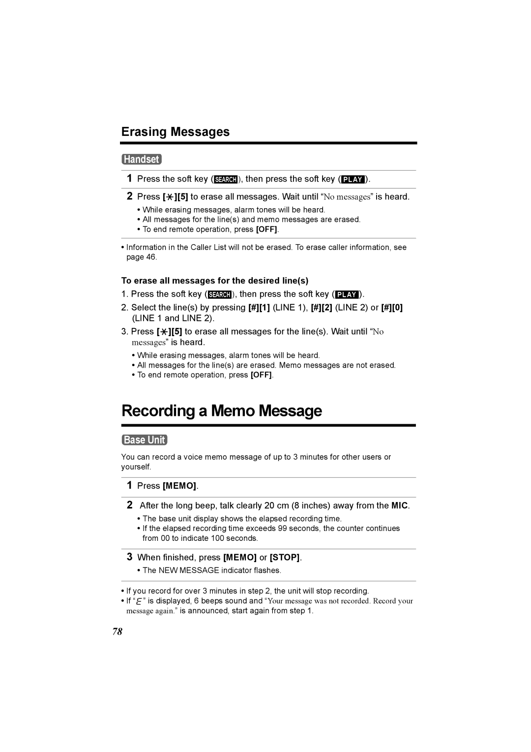 Panasonic KX-TG6502, KX-TG6500 Recording a Memo Message, Erasing Messages, When finished, press Memo or Stop 