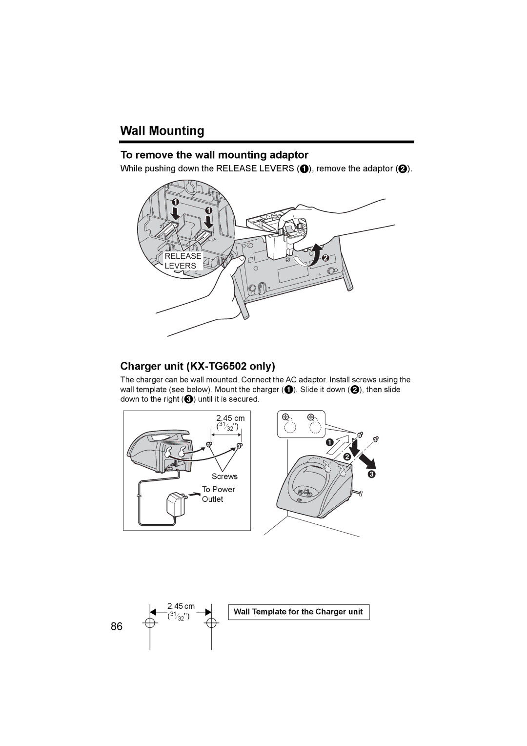 Panasonic KX-TG6502, KX-TG6500 To remove the wall mounting adaptor, Wall Template for the Charger unit 