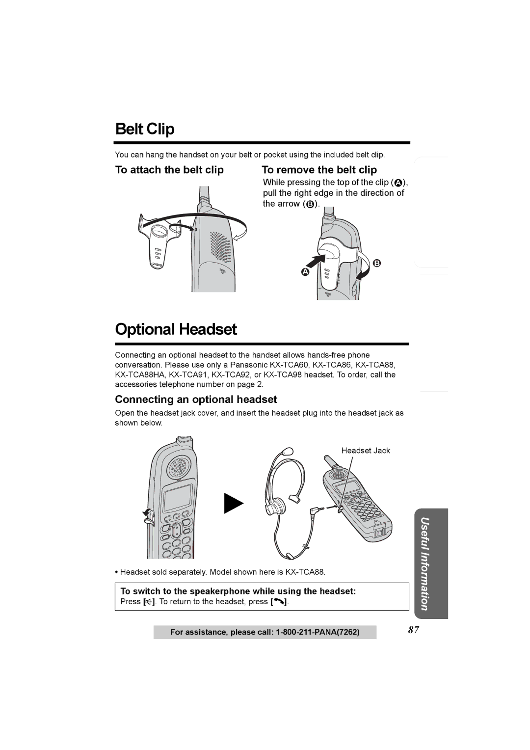 Panasonic KX-TG6500, KX-TG6502 Belt Clip, Optional Headset, To attach the belt clip To remove the belt clip 