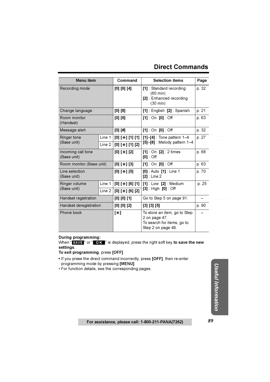 Panasonic KX-TG6500, KX-TG6502 operating instructions Direct Commands, During programming, To exit programming, press OFF 