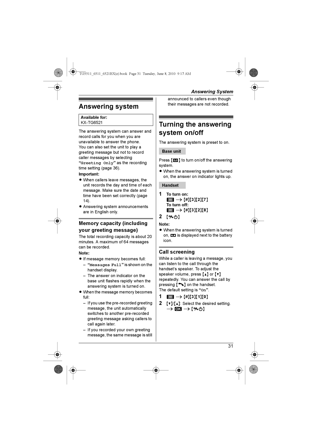 Panasonic KX-TG6519BX, KX-TG6513BX, KX-TG6512BX Answering system, Turning the answering system on/off, Call screening 