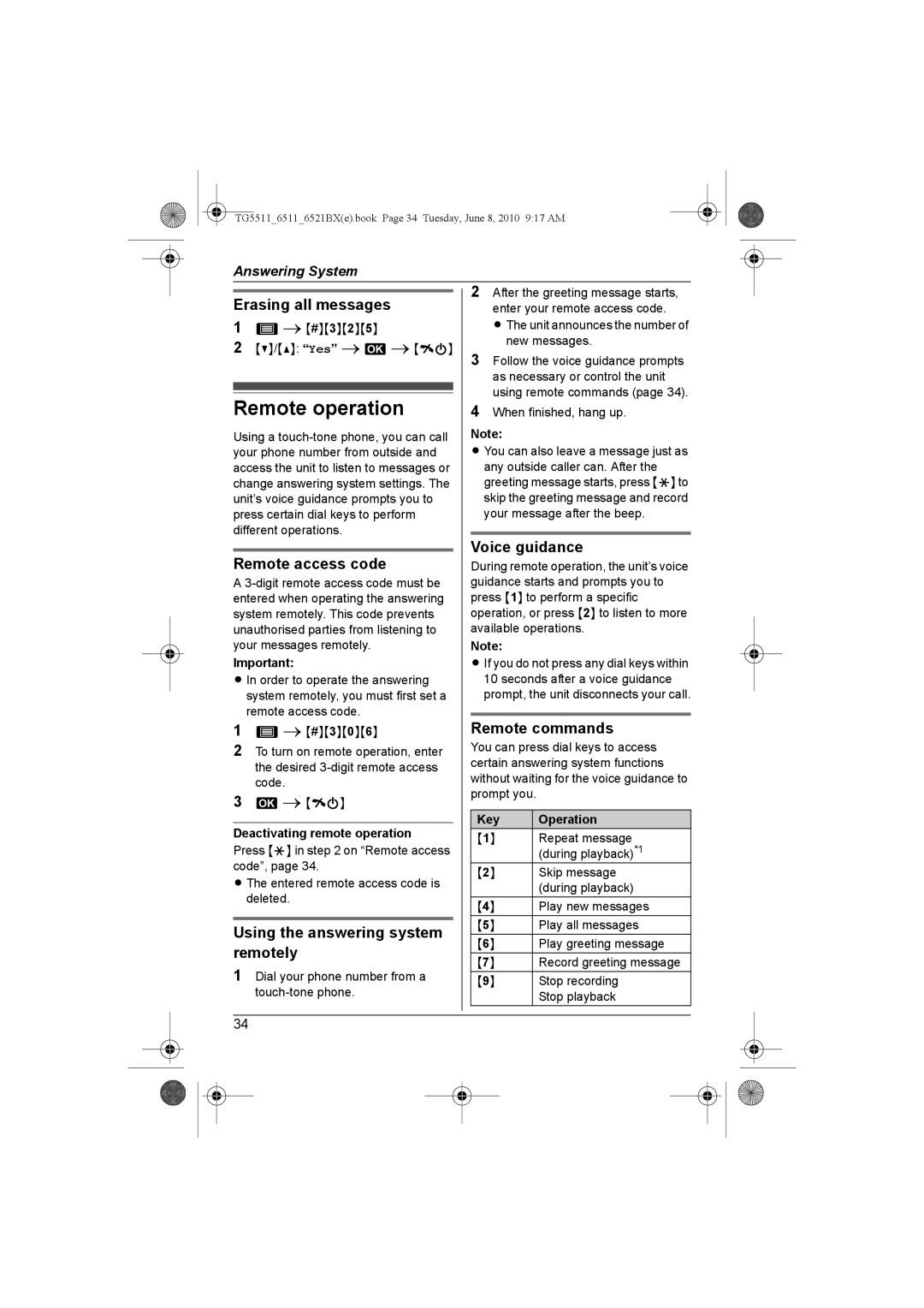 Panasonic KX-TG5511BX Remote operation, Remote access code, Using the answering system remotely, Voice guidance 