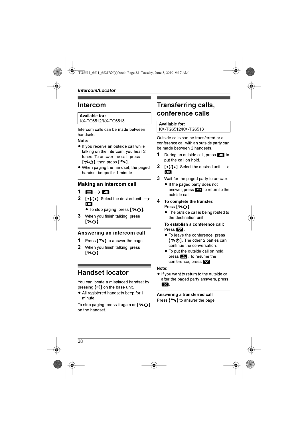 Panasonic KX-TG6511BX Intercom, Handset locator, Transferring calls, conference calls, Making an intercom call 