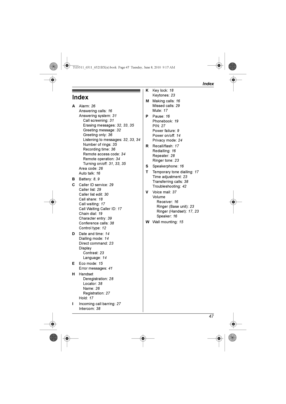 Panasonic KX-TG6512BX, KX-TG6513BX, KX-TG6519BX, KX-TG6511BX, KX-TG5511BX operating instructions Index 