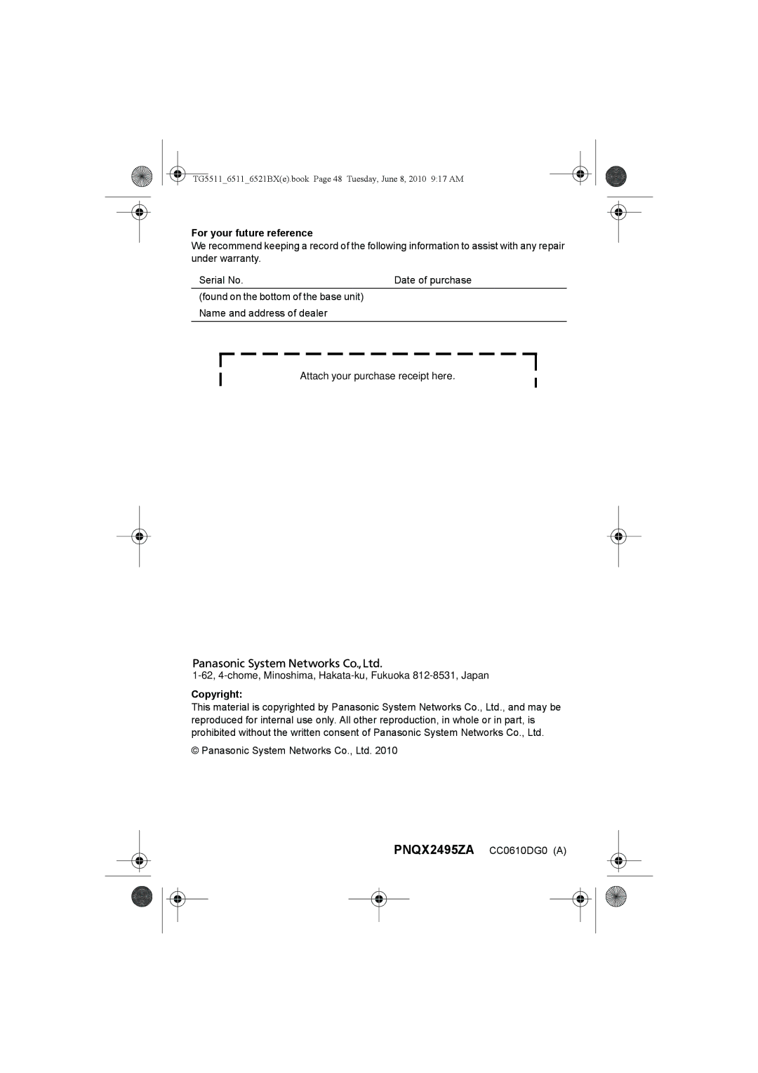 Panasonic KX-TG6511BX, KX-TG6513BX, KX-TG6519BX, KX-TG6512BX, KX-TG5511BX For your future reference, Copyright 