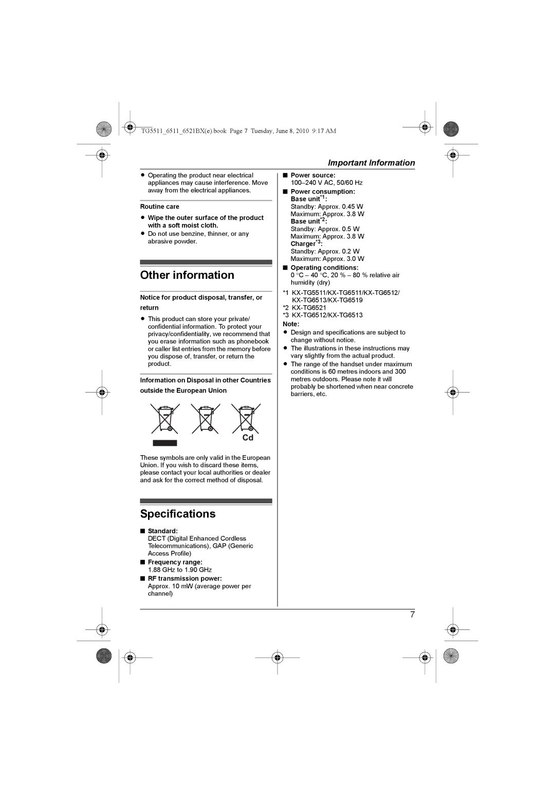 Panasonic KX-TG6512BX, KX-TG6513BX, KX-TG6519BX, KX-TG6511BX, KX-TG5511BX operating instructions Other information 