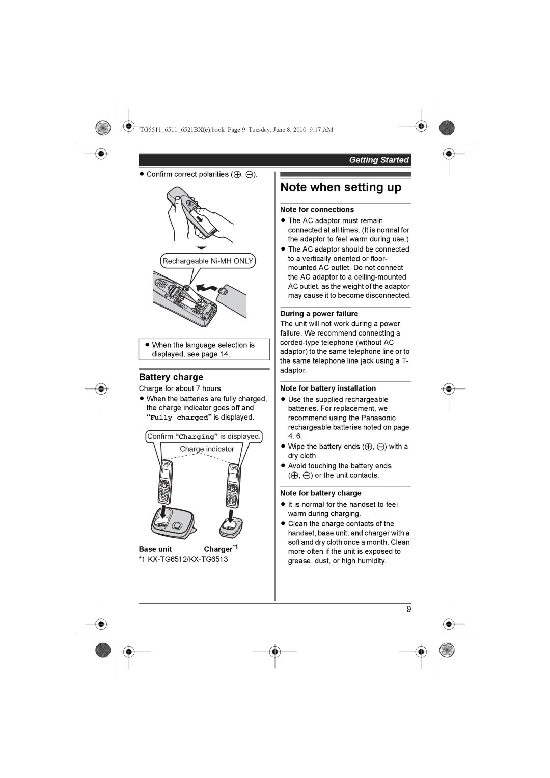 Panasonic KX-TG5511BX, KX-TG6513BX, KX-TG6519BX, KX-TG6512BX, KX-TG6511BX Battery charge, During a power failure 