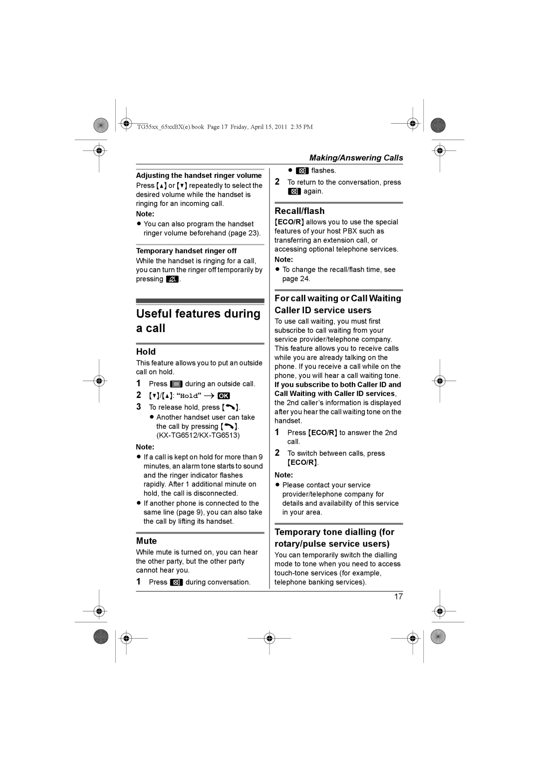 Panasonic KX-TG5511BX, KX-TG6513BX, KX-TG6519BX, KX-TG6512BX, KX-TG6511BX, KX-TG5518BX Useful features during, Call 