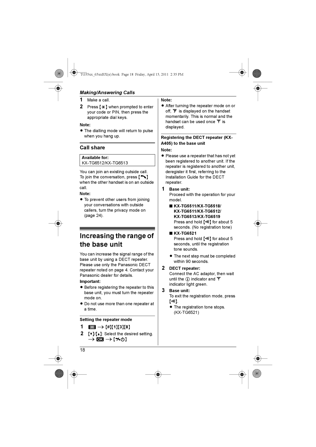 Panasonic KX-TG6513BX, KX-TG6519BX, KX-TG6512BX, KX-TG6511BX, KX-TG5518BX Increasing the range of the base unit, Call share 