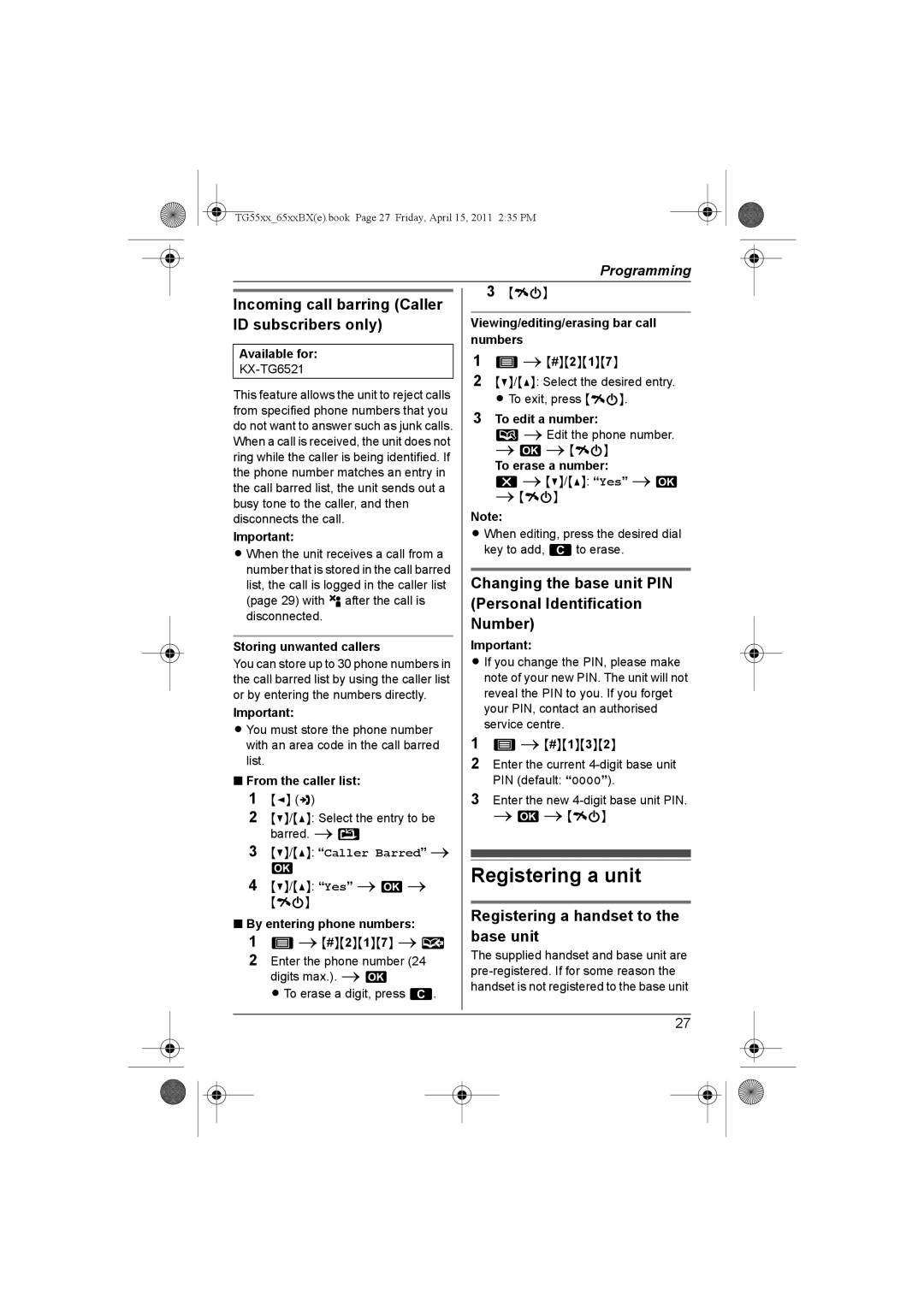 Panasonic KX-TG6511BX, KX-TG6513BX, KX-TG6519BX Registering a unit, Incoming call barring Caller ID subscribers only 