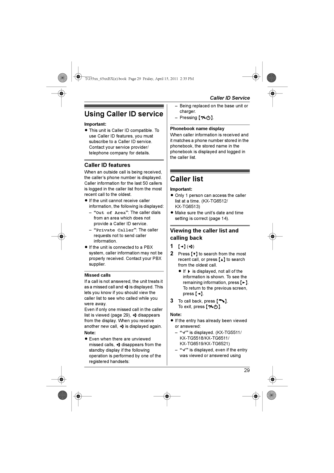 Panasonic KX-TG5511BX Using Caller ID service, Caller list, Caller ID features, Viewing the caller list and calling back 