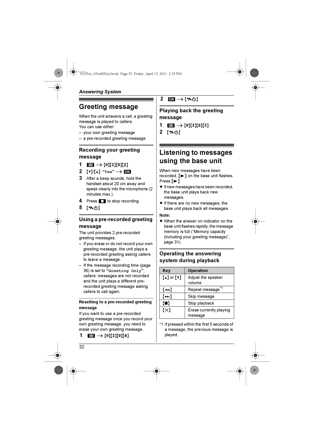 Panasonic KX-TG6512BX, KX-TG6513BX, KX-TG6519BX, KX-TG6511BX Greeting message, Listening to messages using the base unit 