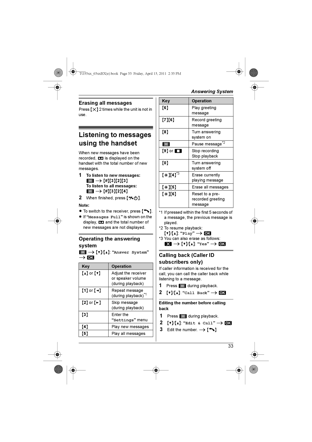 Panasonic KX-TG6511BX Listening to messages using the handset, Erasing all messages, Operating the answering system 