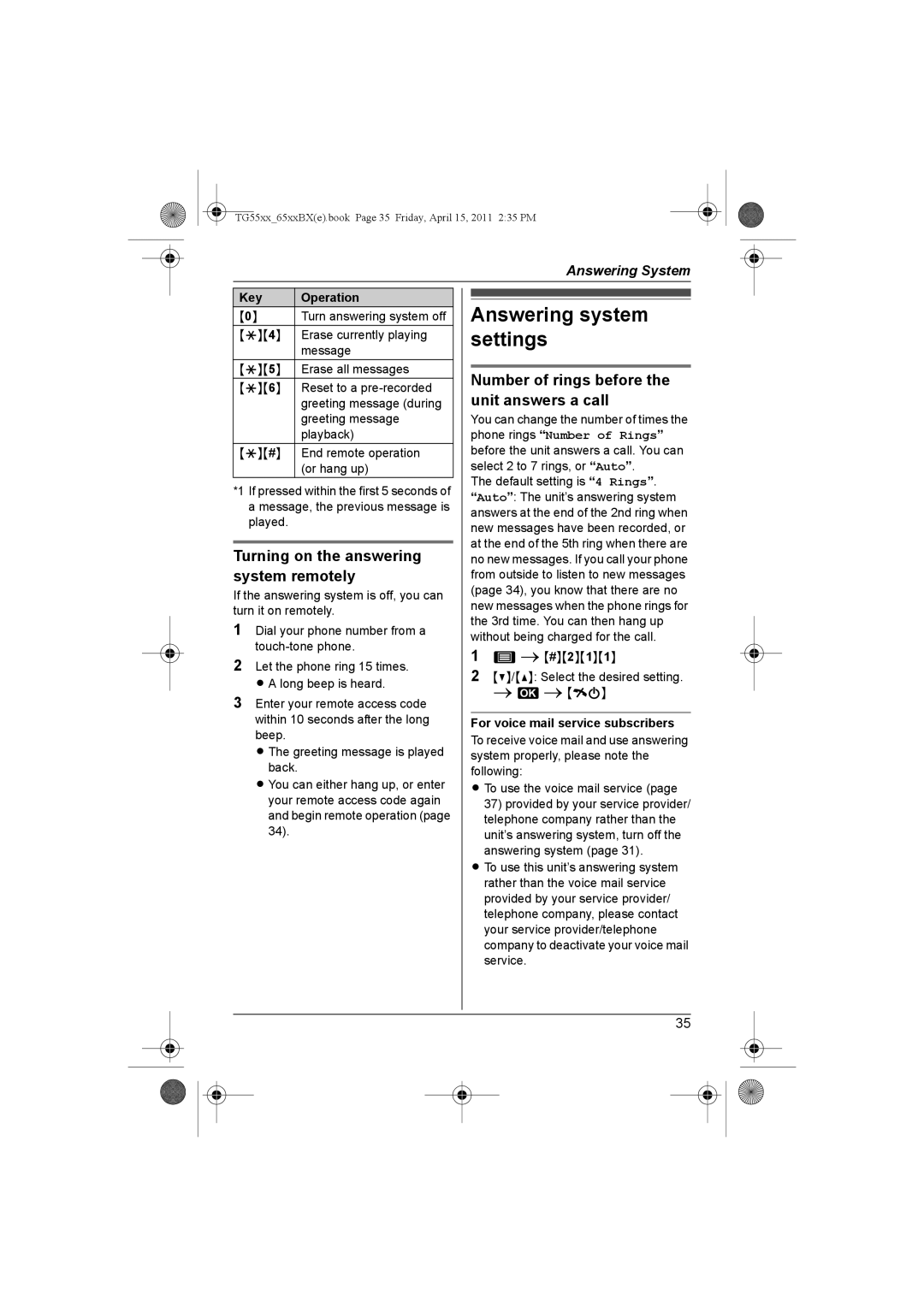 Panasonic KX-TG5511BX, KX-TG6513BX, KX-TG6519BX Answering system settings, Turning on the answering system remotely 