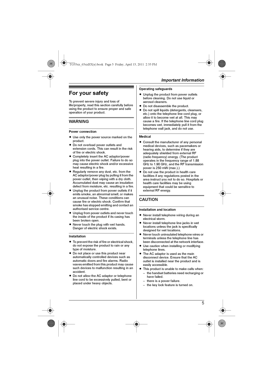 Panasonic KX-TG5511BX, KX-TG6513BX, KX-TG6519BX, KX-TG6512BX, KX-TG6511BX, KX-TG5518BX operating instructions For your safety 