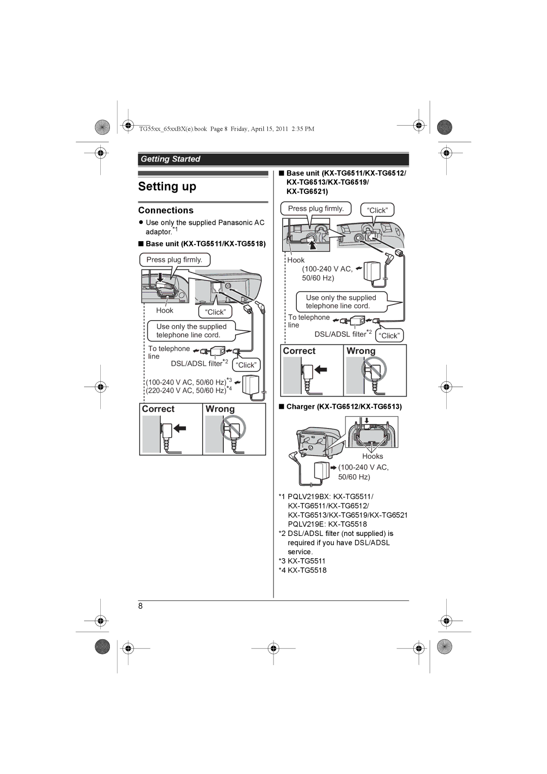 Panasonic KX-TG6512BX Setting up, Connections, Correct Wrong, Base unit KX-TG5511/KX-TG5518, Charger KX-TG6512/KX-TG6513 