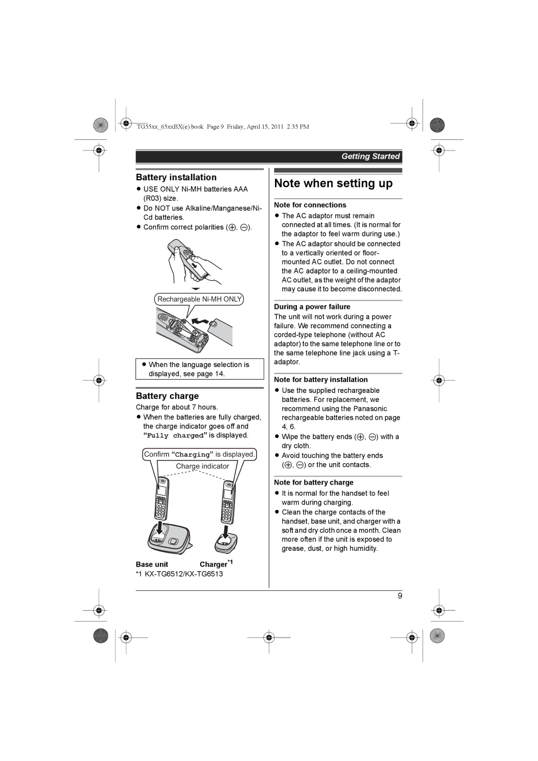 Panasonic KX-TG6511BX, KX-TG6513BX, KX-TG6519BX, KX-TG6512BX Battery installation, Battery charge, During a power failure 