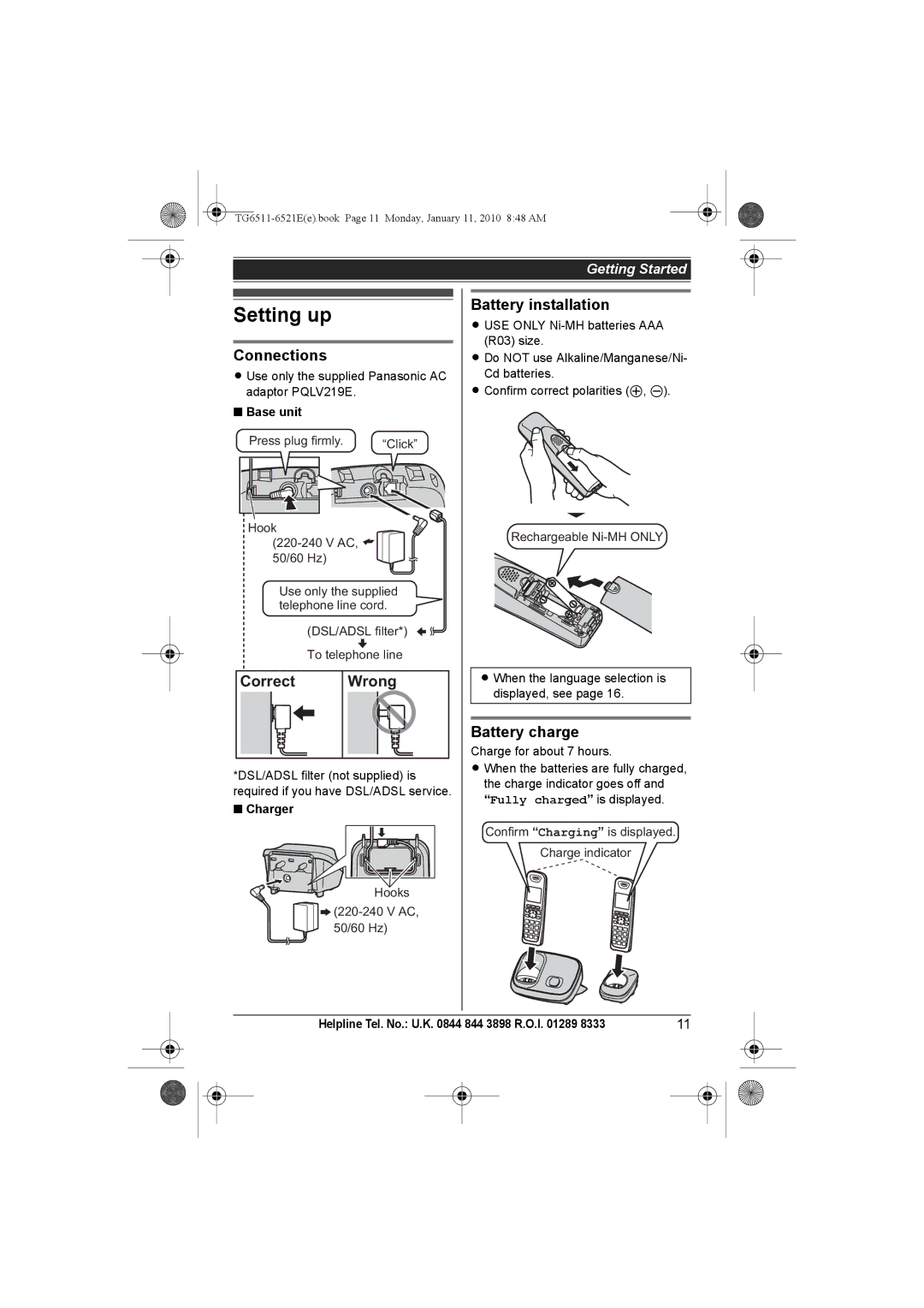 Panasonic KX-TG6521E operating instructions Setting up, Connections, Correct Wrong, Battery installation, Battery charge 