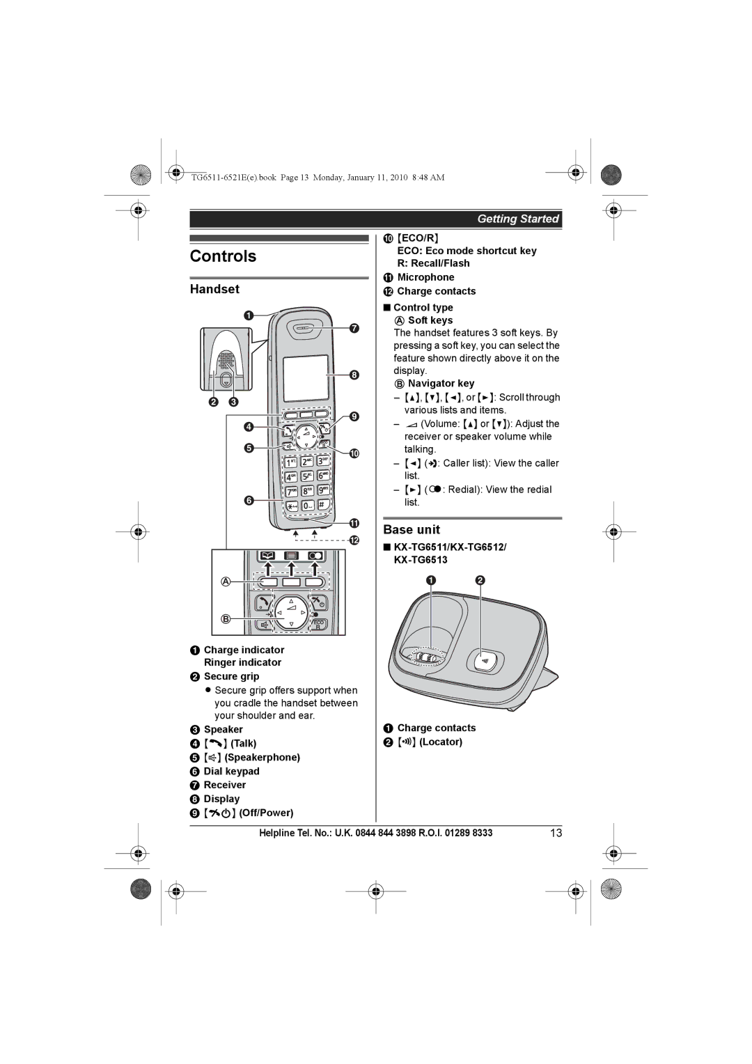 Panasonic KX-TG6521E operating instructions Controls, Handset, Base unit, Secure grip, Navigator key 