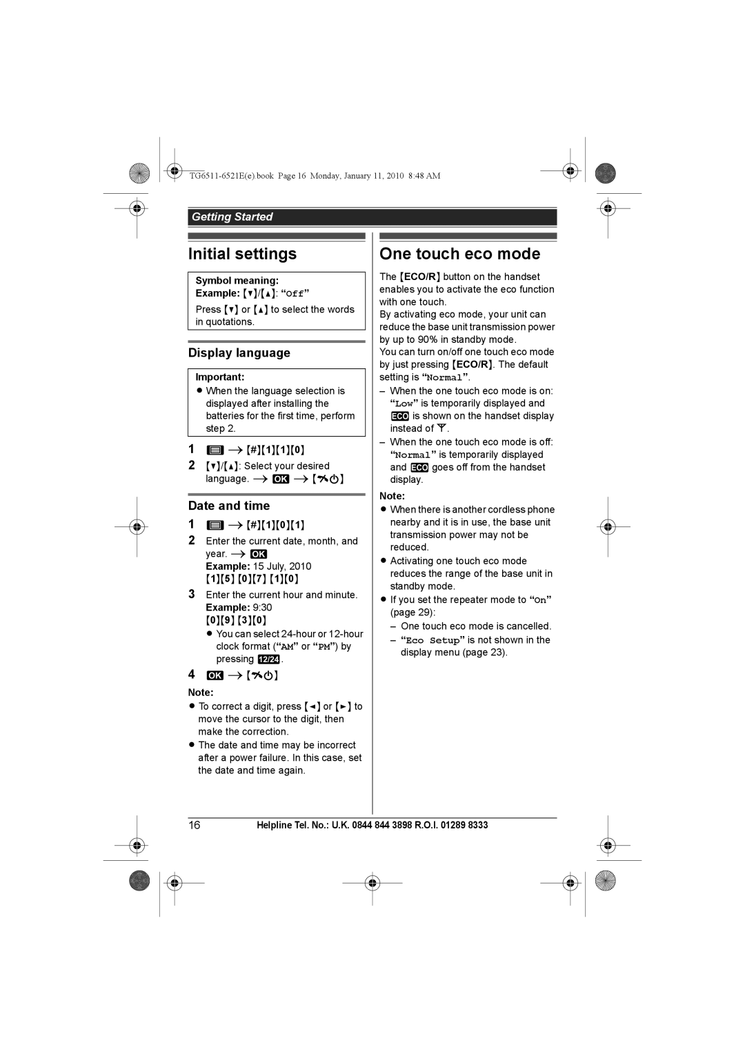 Panasonic KX-TG6521E Initial settings, One touch eco mode, Display language, Date and time, Symbol meaning Example V/ Off 