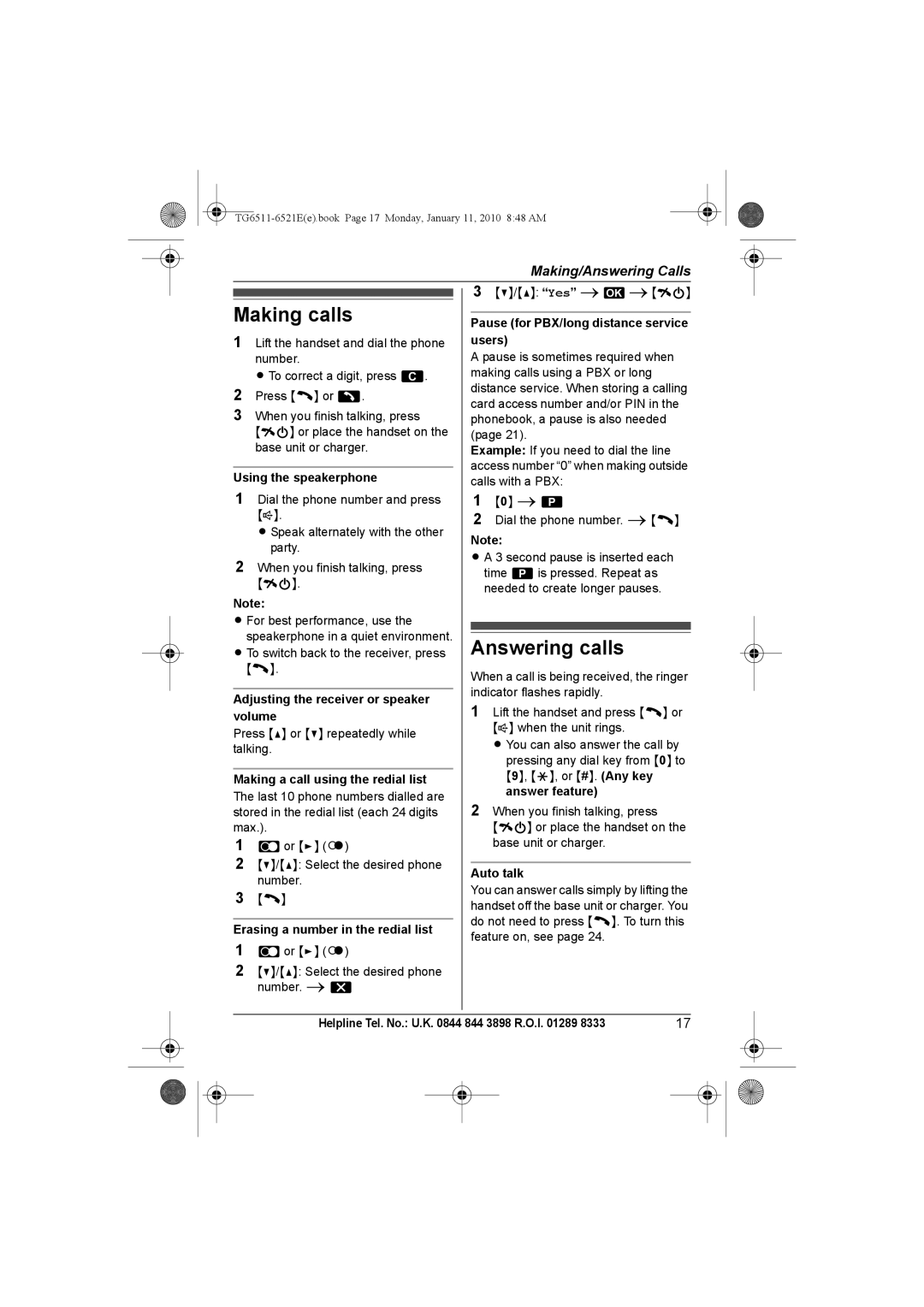 Panasonic KX-TG6521E operating instructions Making calls, Answering calls 