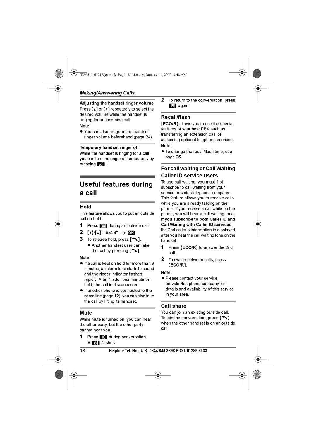 Panasonic KX-TG6521E operating instructions Useful features during a call, Hold, Mute, Recall/flash, Call share 