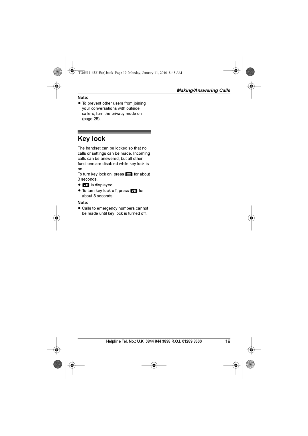 Panasonic KX-TG6521E operating instructions Key lock 