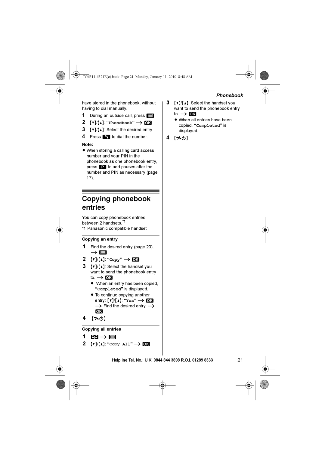 Panasonic KX-TG6521E operating instructions Copying phonebook entries, Copying an entry, Copying all entries 