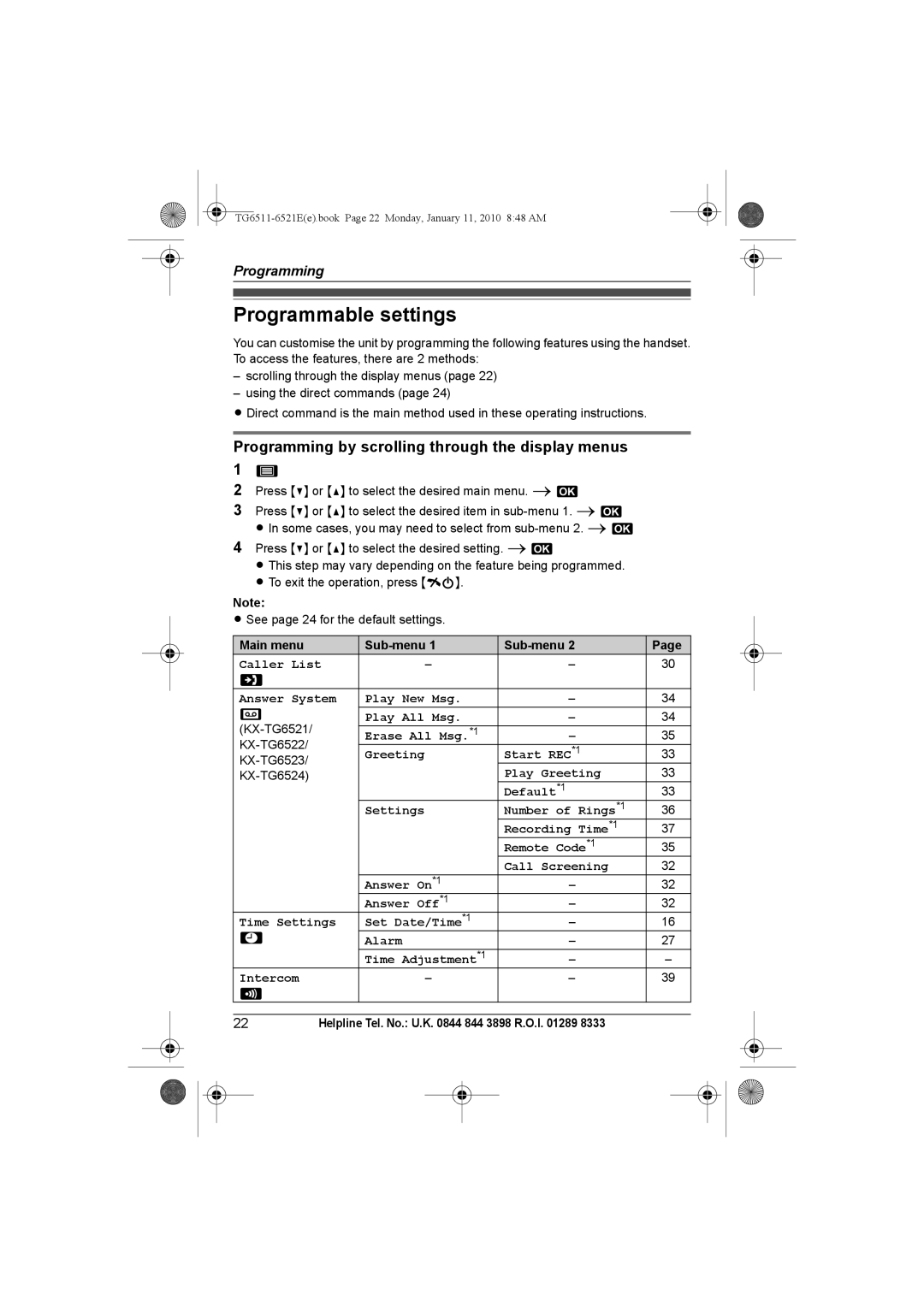 Panasonic KX-TG6521E operating instructions Programmable settings, Programming by scrolling through the display menus 