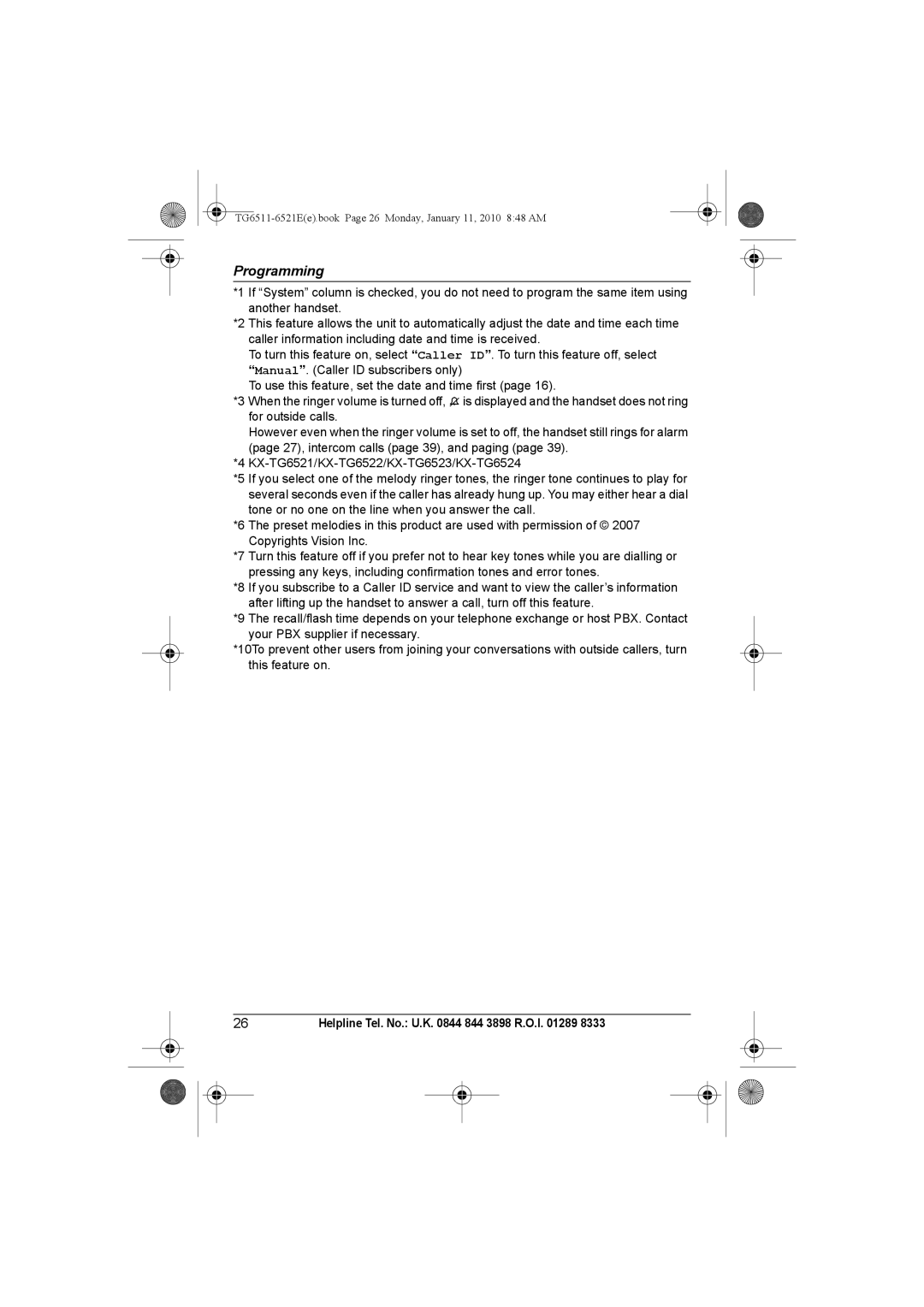 Panasonic KX-TG6521E operating instructions TG6511-6521Ee.book Page 26 Monday, January 11, 2010 848 AM 