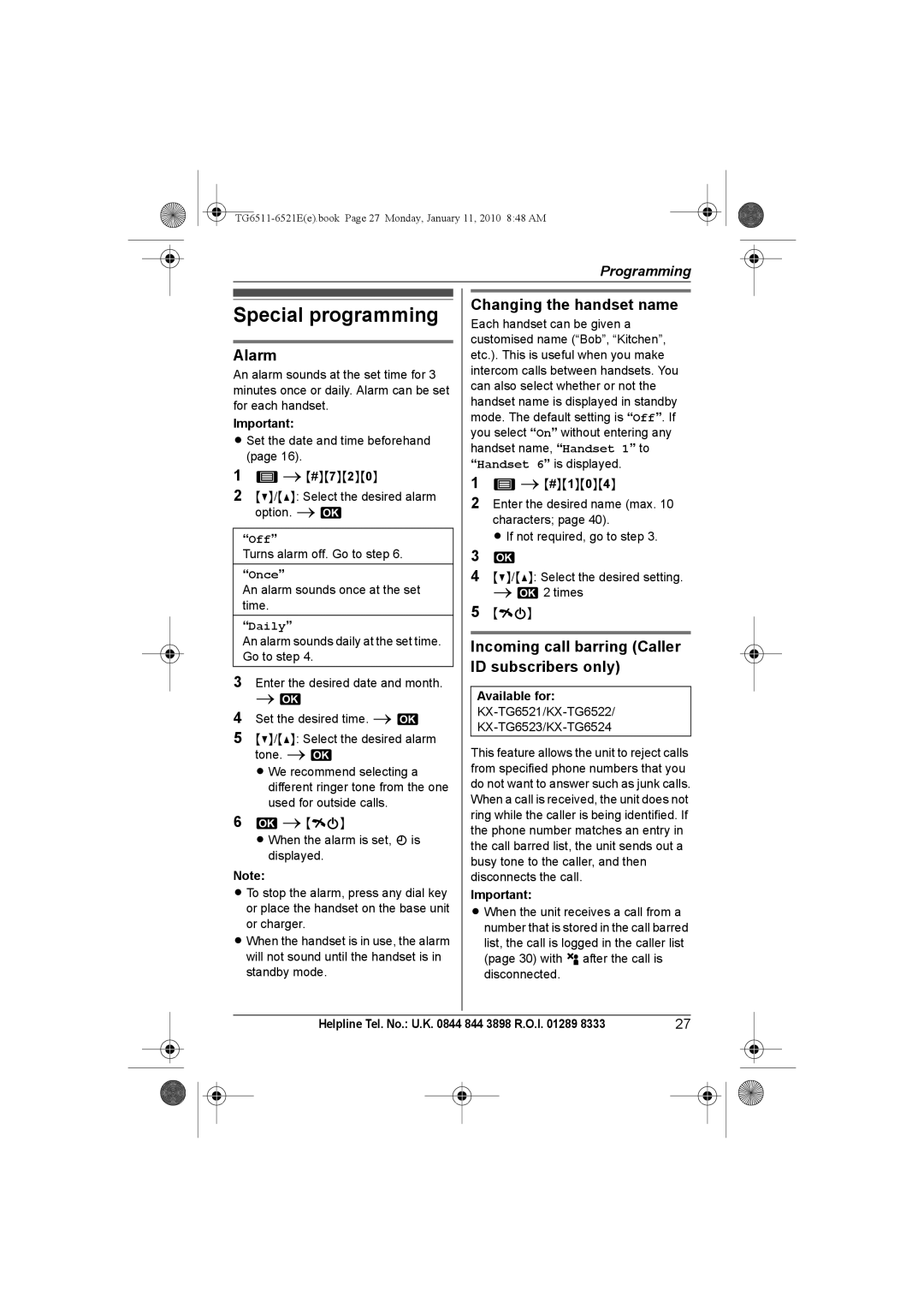 Panasonic KX-TG6521E operating instructions Special programming, Alarm, Changing the handset name, Available for 