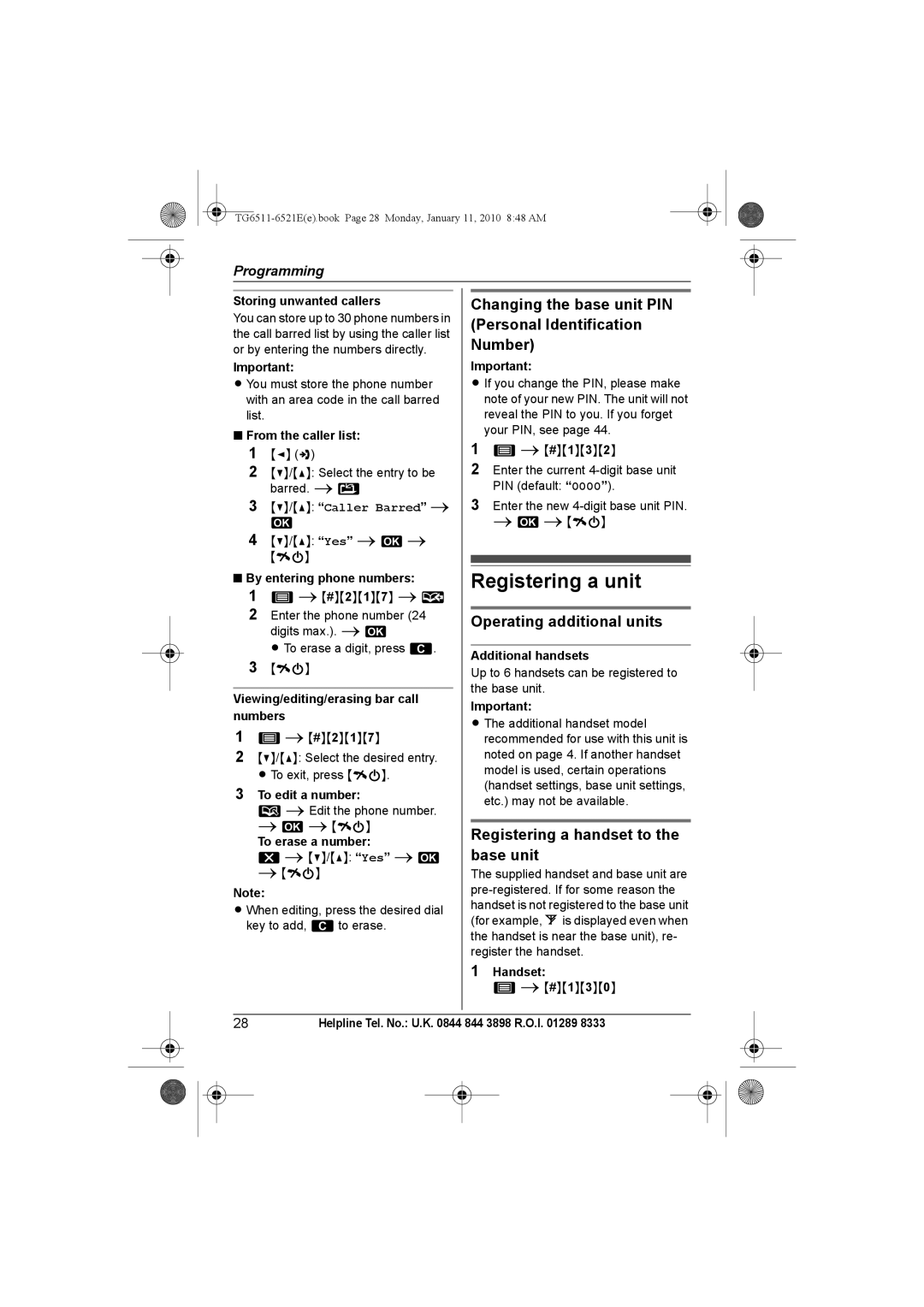 Panasonic KX-TG6521E Registering a unit, Changing the base unit PIN Personal Identification Number, Caller Barred 