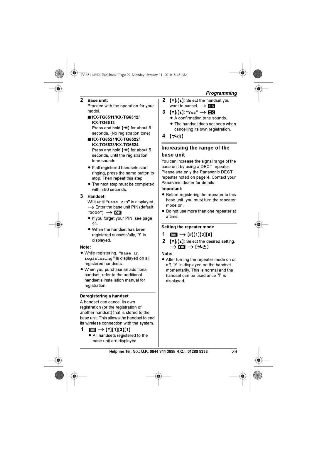 Panasonic KX-TG6521E Increasing the range of the base unit, KX-TG6511/KX-TG6512/ KX-TG6513, Deregistering a handset 