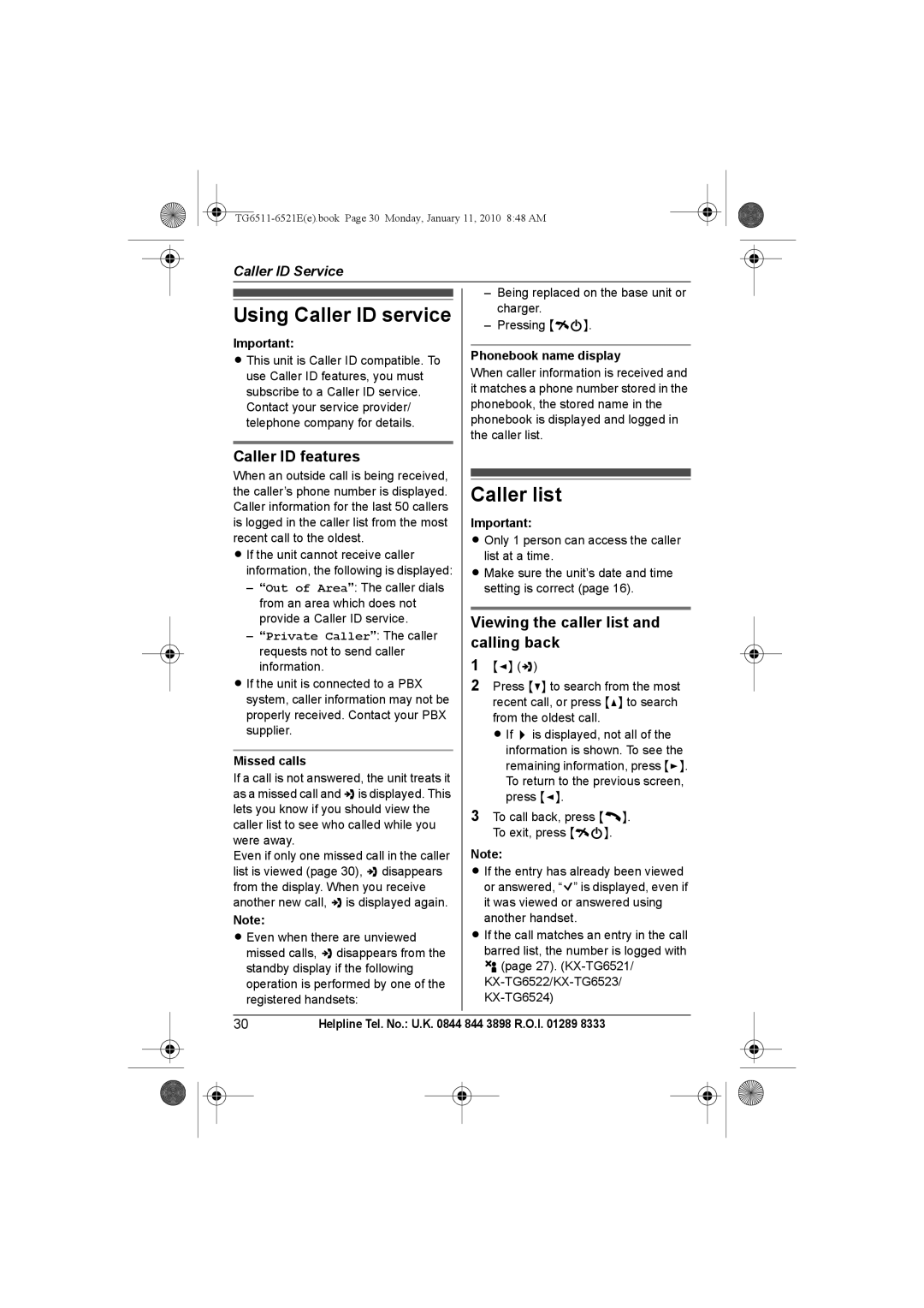 Panasonic KX-TG6521E Using Caller ID service, Caller list, Caller ID features, Viewing the caller list and calling back 