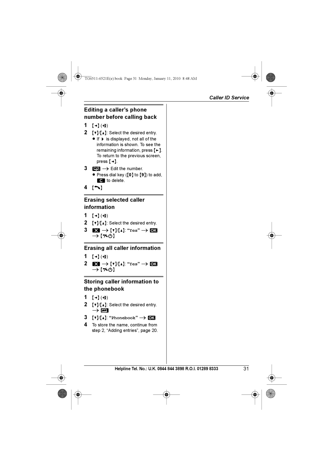 Panasonic KX-TG6521E Editing a caller’s phone number before calling back, Erasing selected caller information 