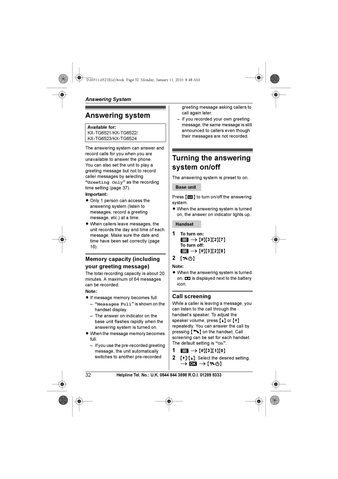 Panasonic KX-TG6521E operating instructions Answering system, Turning the answering system on/off, Call screening 