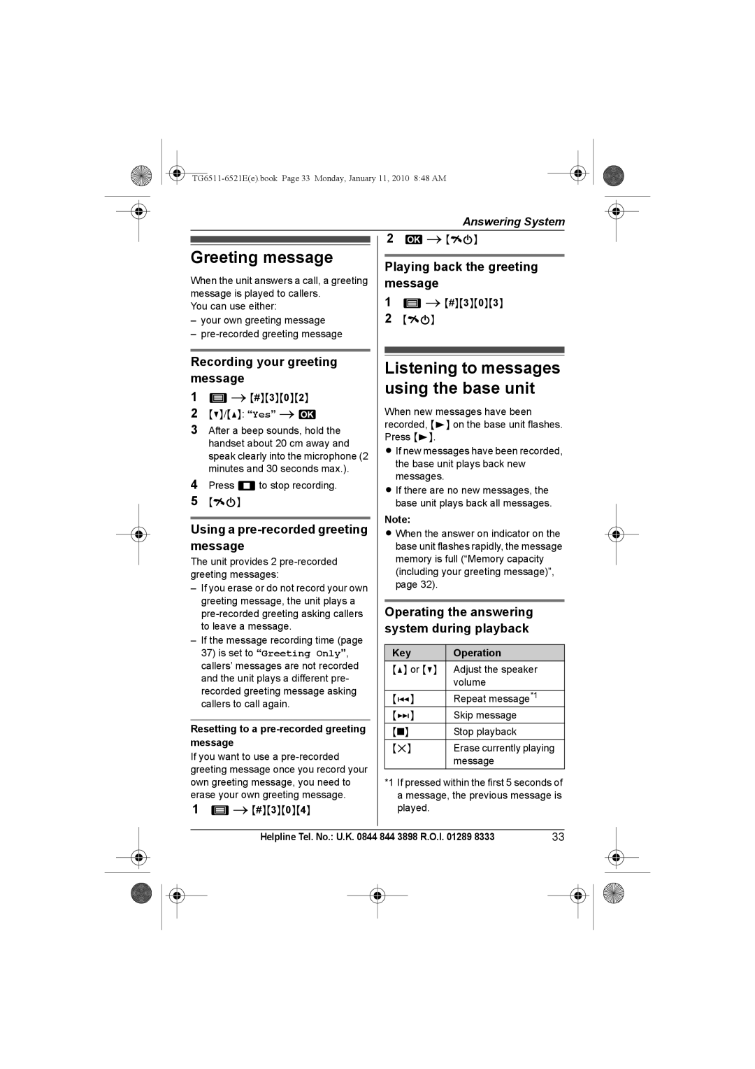 Panasonic KX-TG6521E operating instructions Greeting message, Listening to messages using the base unit 