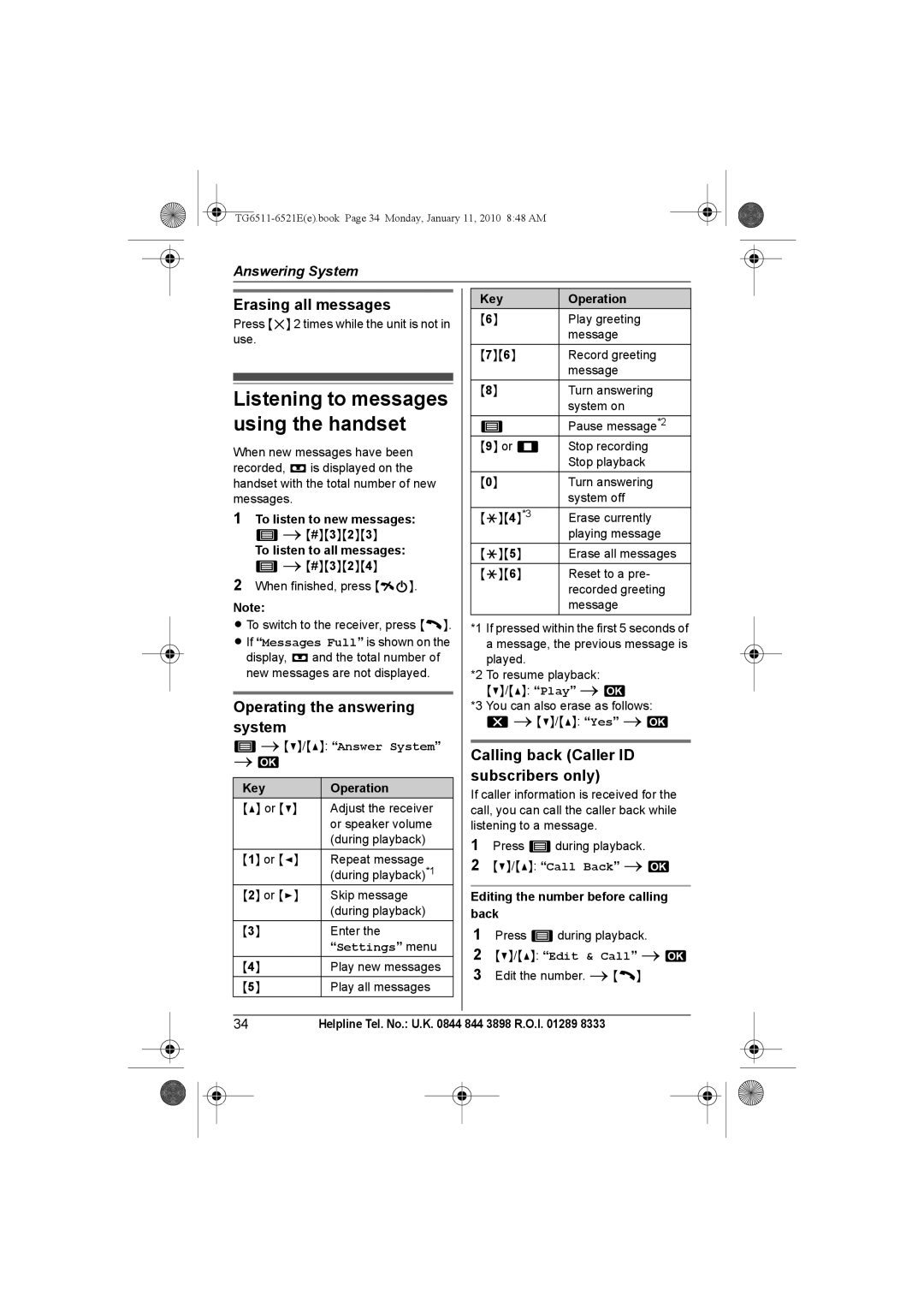 Panasonic KX-TG6521E Listening to messages using the handset, Erasing all messages, Operating the answering system 