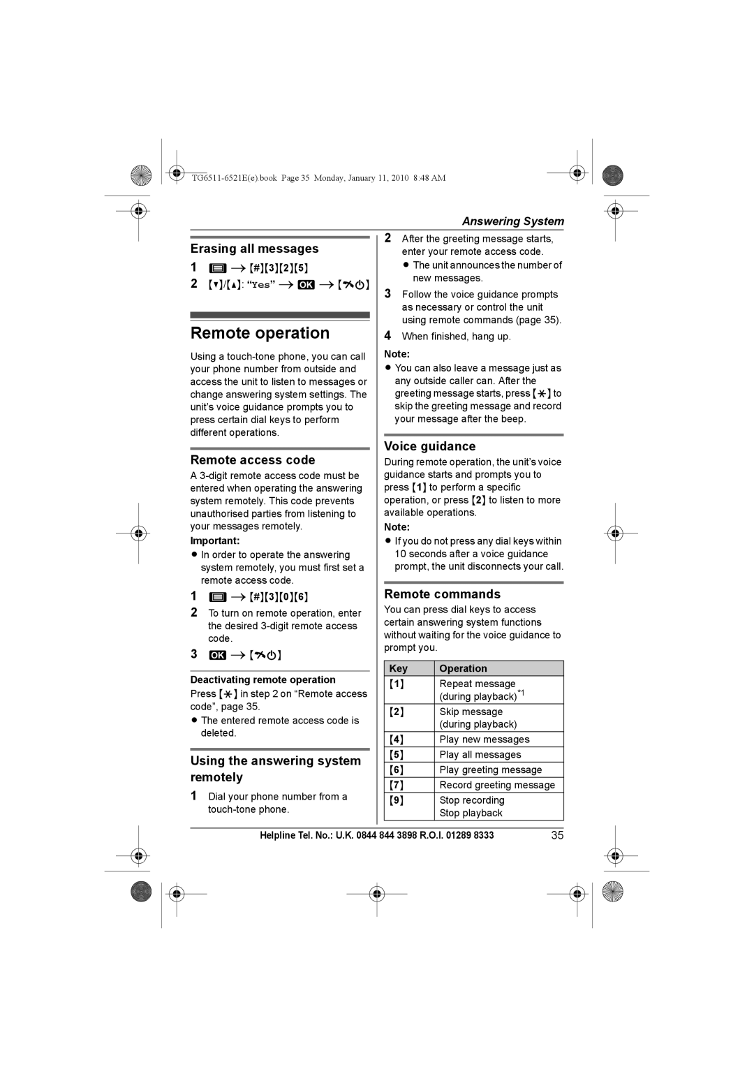 Panasonic KX-TG6521E Remote operation, Remote access code, Using the answering system remotely, Voice guidance 