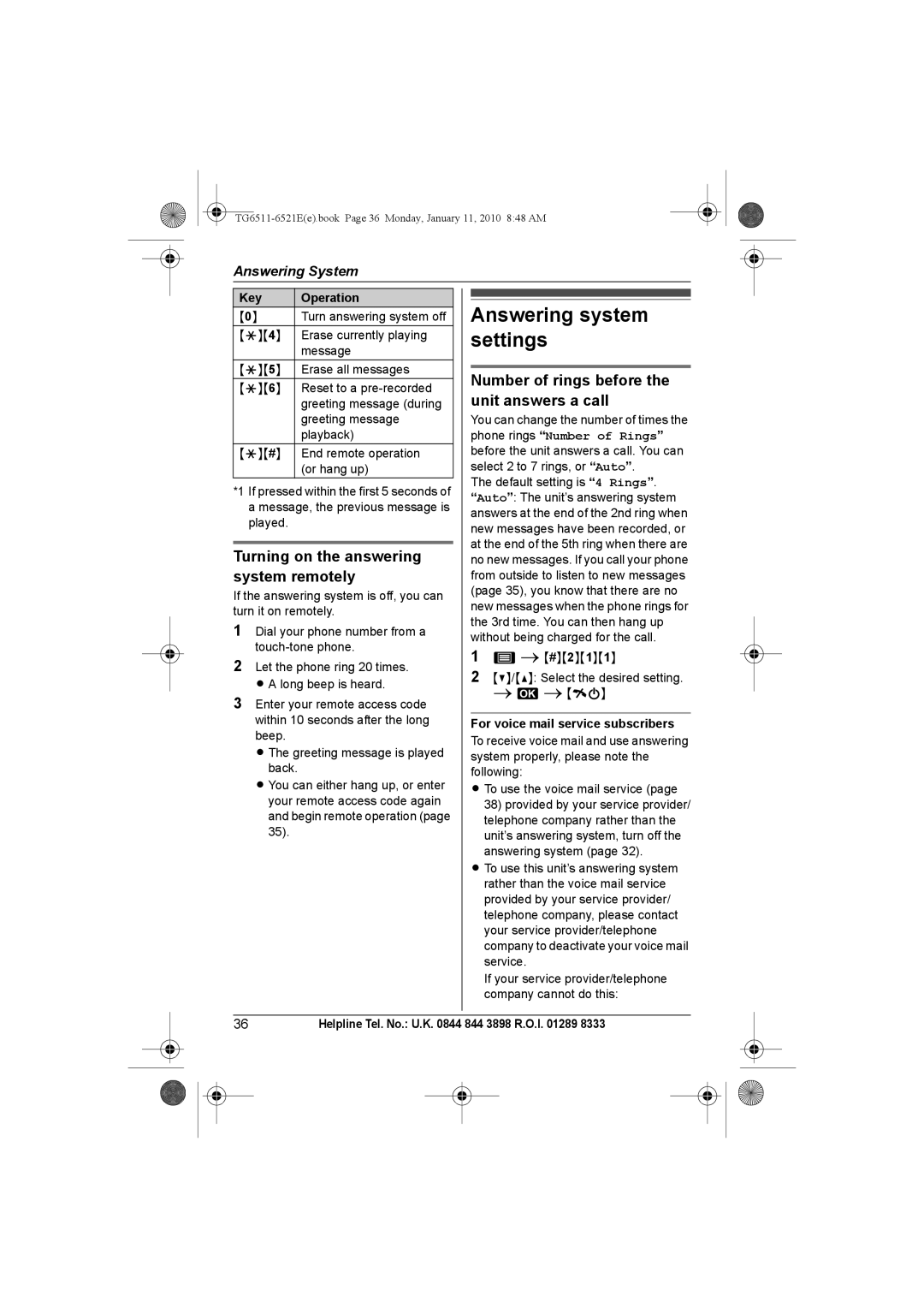 Panasonic KX-TG6521E Settings, Number of rings before, Unit answers a call, Turning on the answering, System remotely 