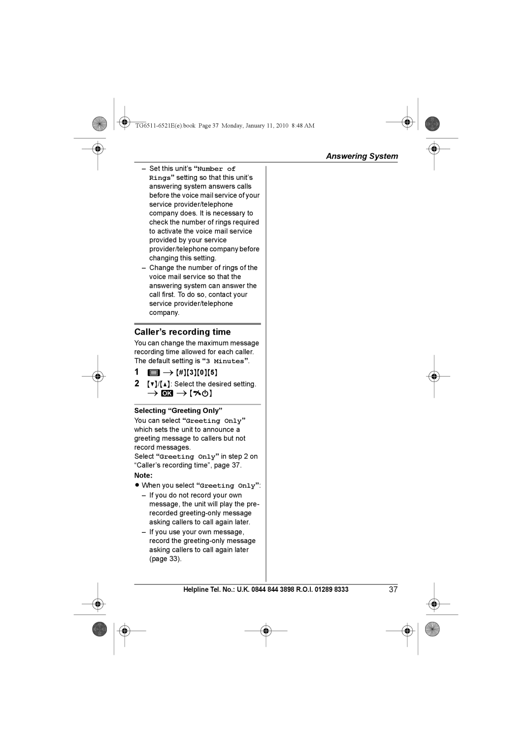 Panasonic KX-TG6521E operating instructions Caller’s recording time, Selecting Greeting Only 