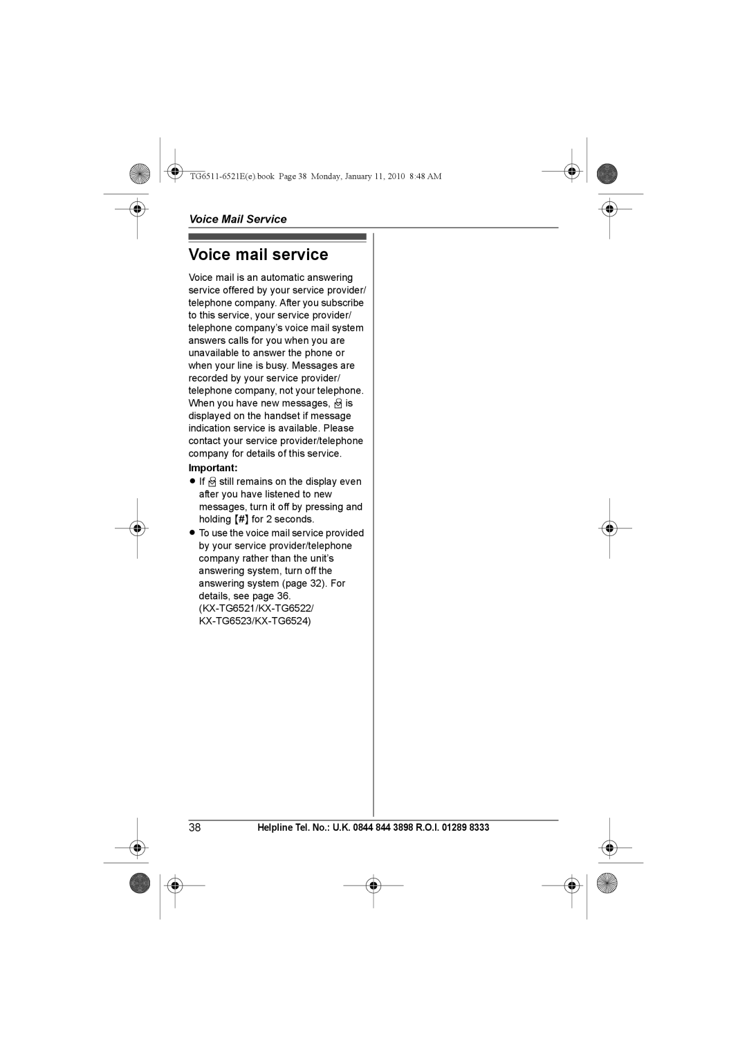 Panasonic KX-TG6521E operating instructions Voice mail service 