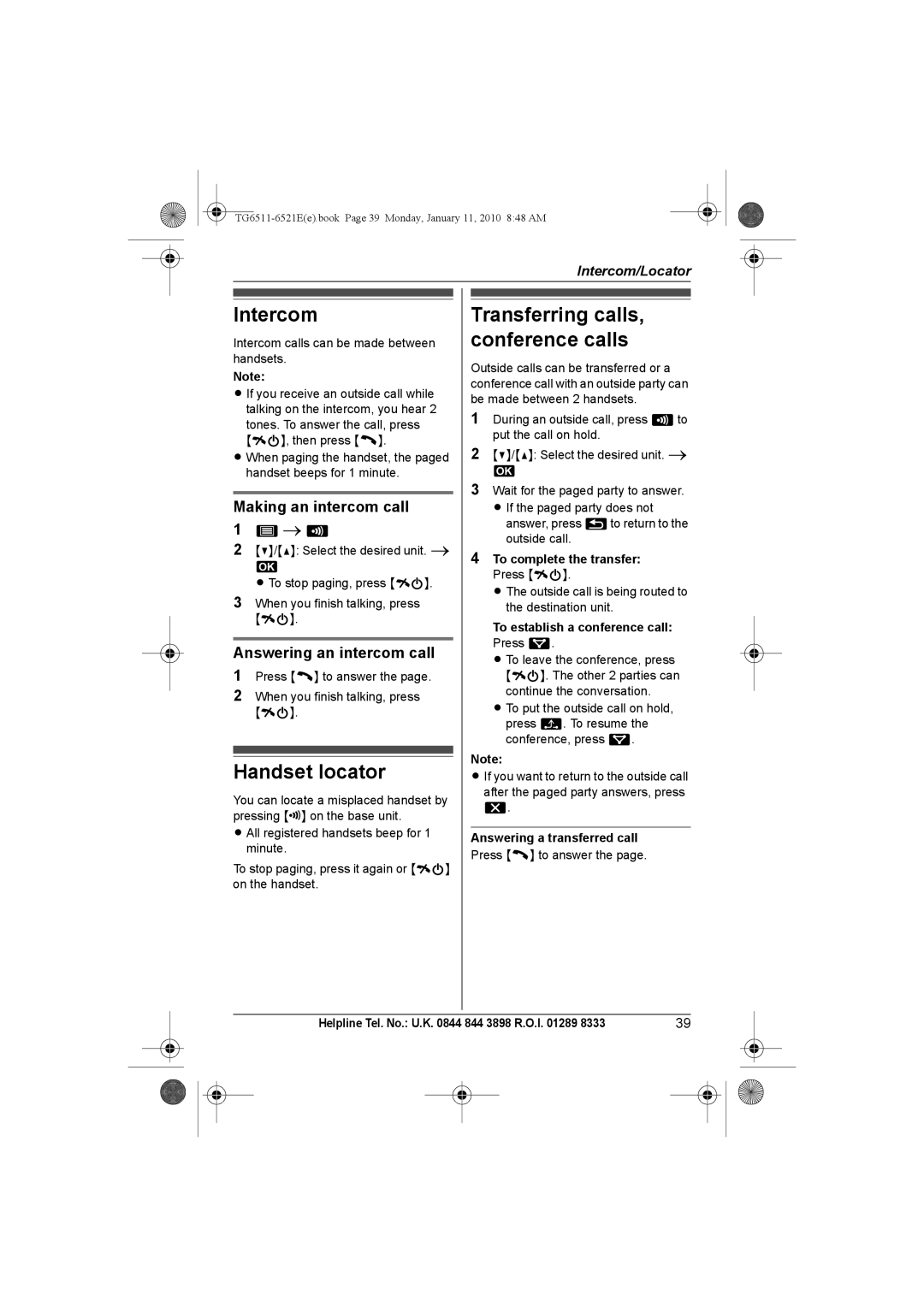 Panasonic KX-TG6521E Intercom Transferring calls, Conference calls, Handset locator, Making an intercom call 