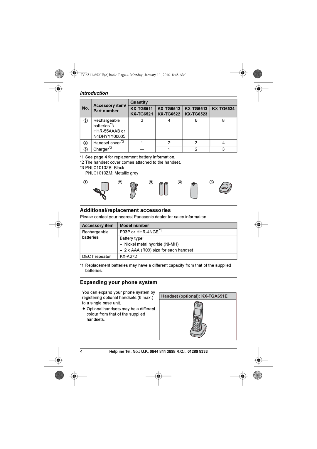 Panasonic KX-TG6521E Additional/replacement accessories, Expanding your phone system, Accessory item Model number 