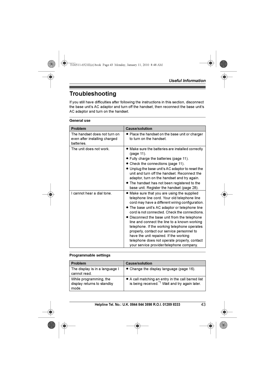 Panasonic KX-TG6521E Troubleshooting, General use Problem Cause/solution, Programmable settings Problem Cause/solution 