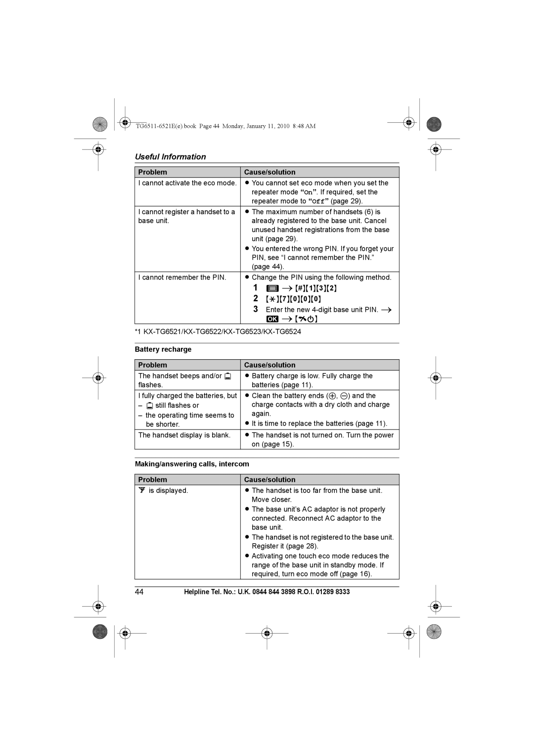 Panasonic KX-TG6521E operating instructions Battery recharge Problem Cause/solution, Making/answering calls, intercom 