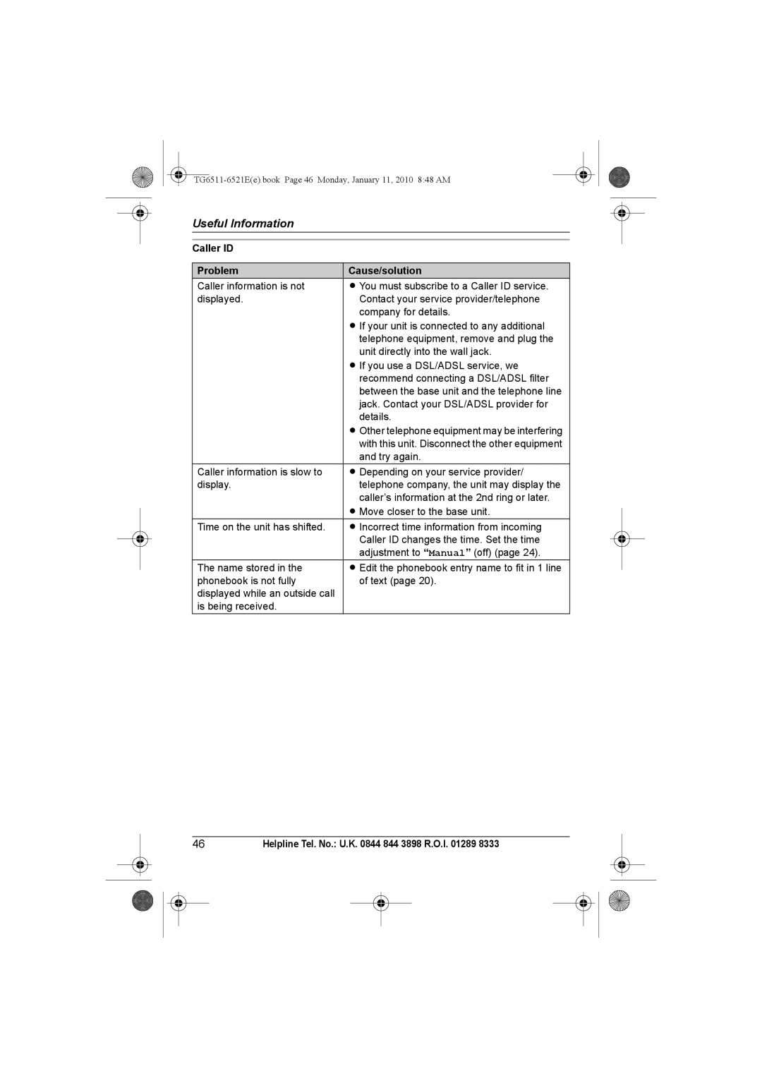 Panasonic KX-TG6521E operating instructions Caller ID Problem Cause/solution 