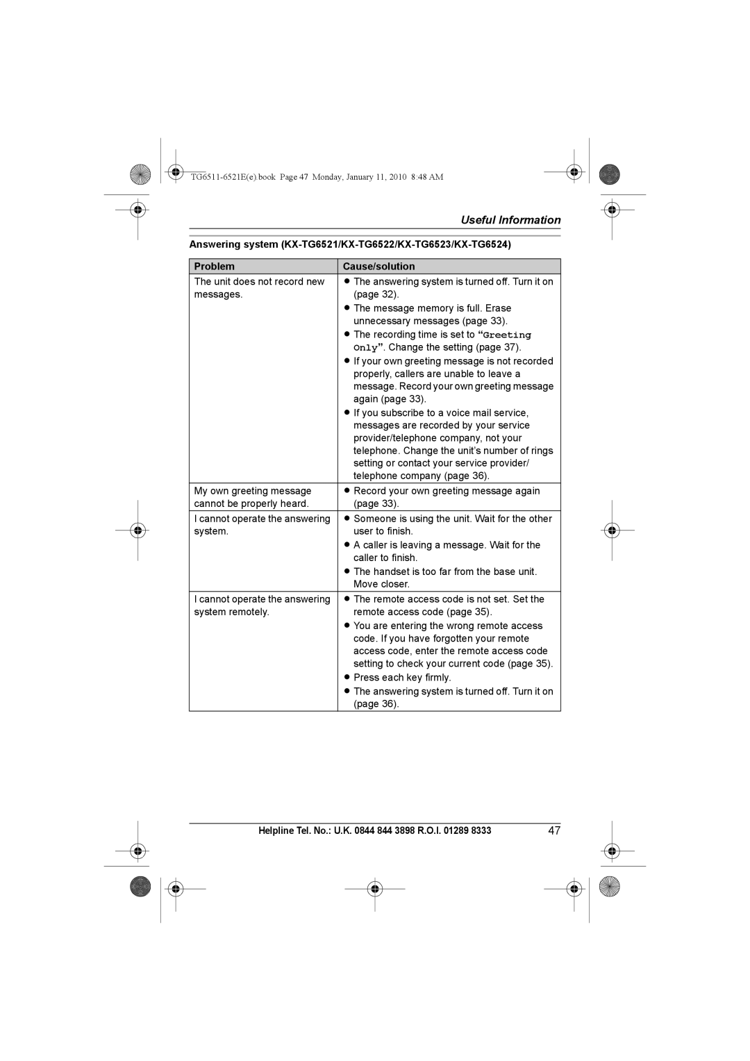 Panasonic KX-TG6521E operating instructions Unit does not record new 