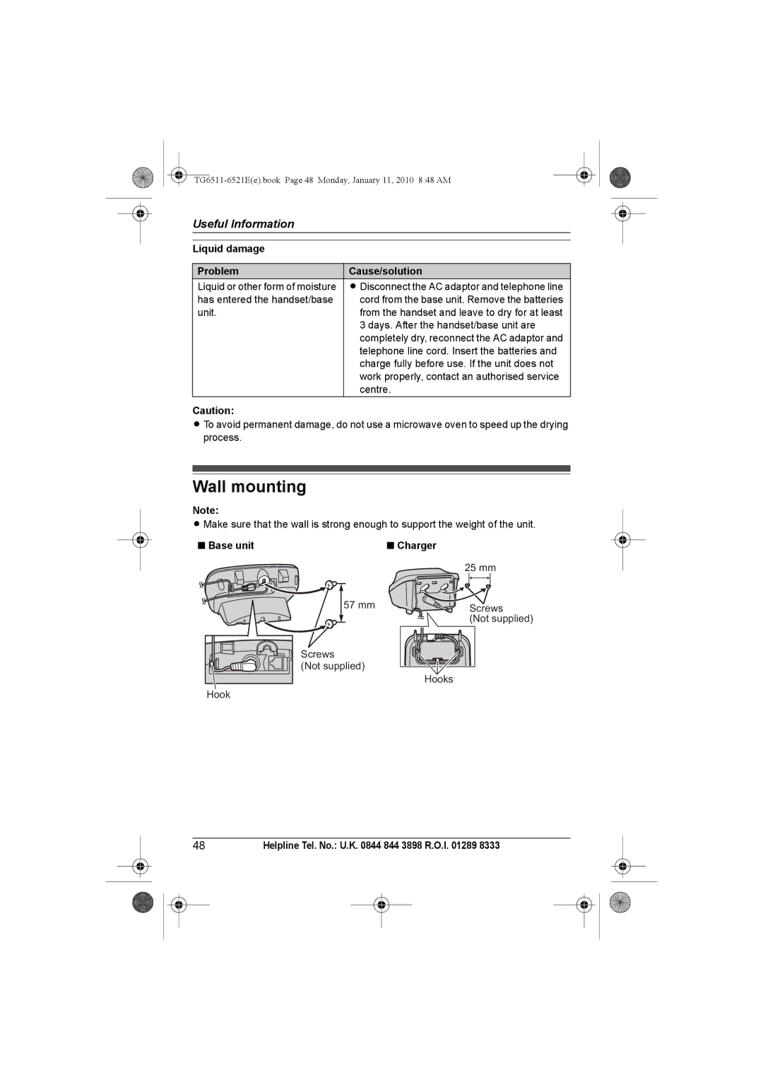 Panasonic KX-TG6521E operating instructions Wall mounting, Liquid damage Problem Cause/solution 