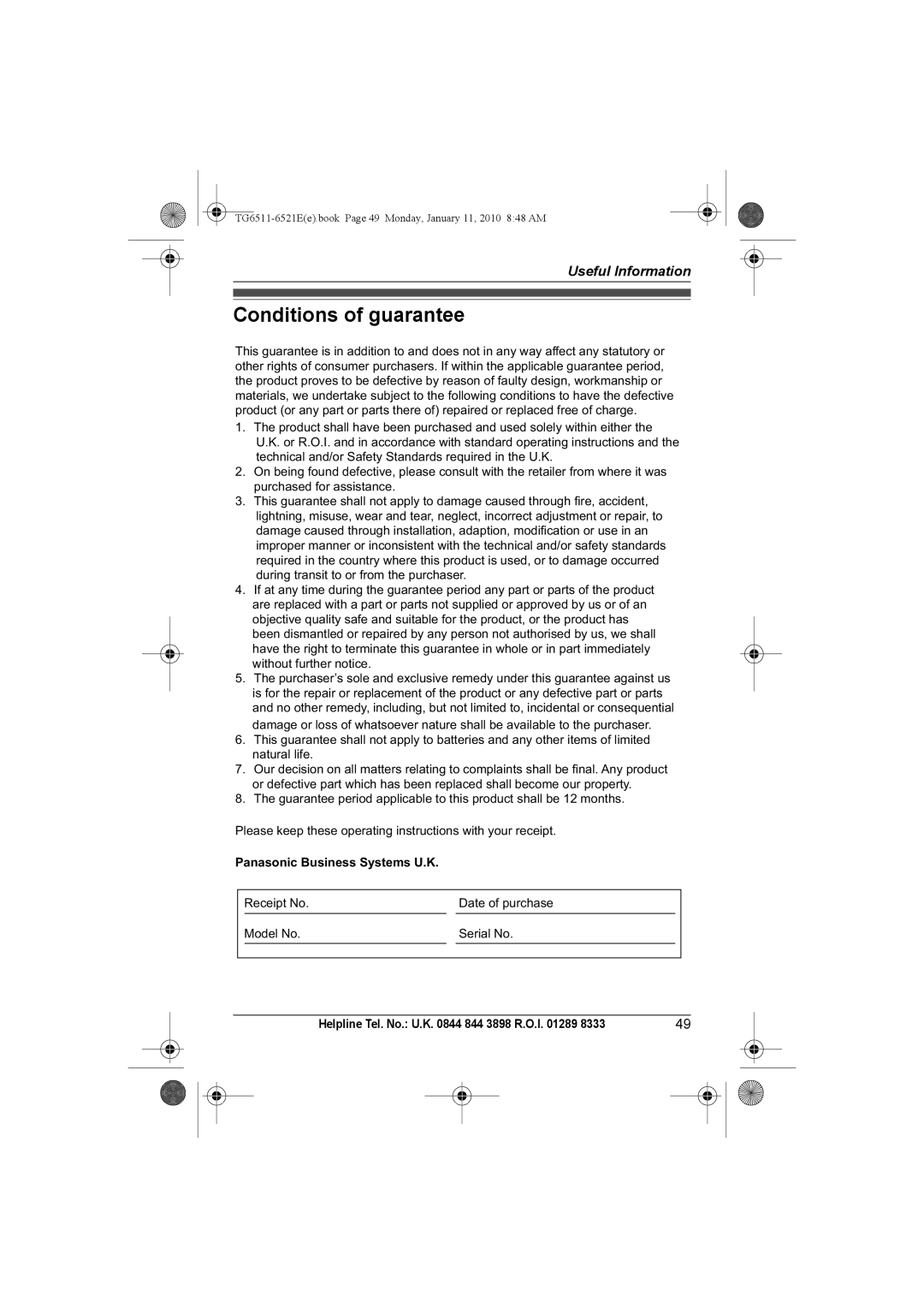 Panasonic KX-TG6521E operating instructions Conditions of guarantee, Panasonic Business Systems U.K 